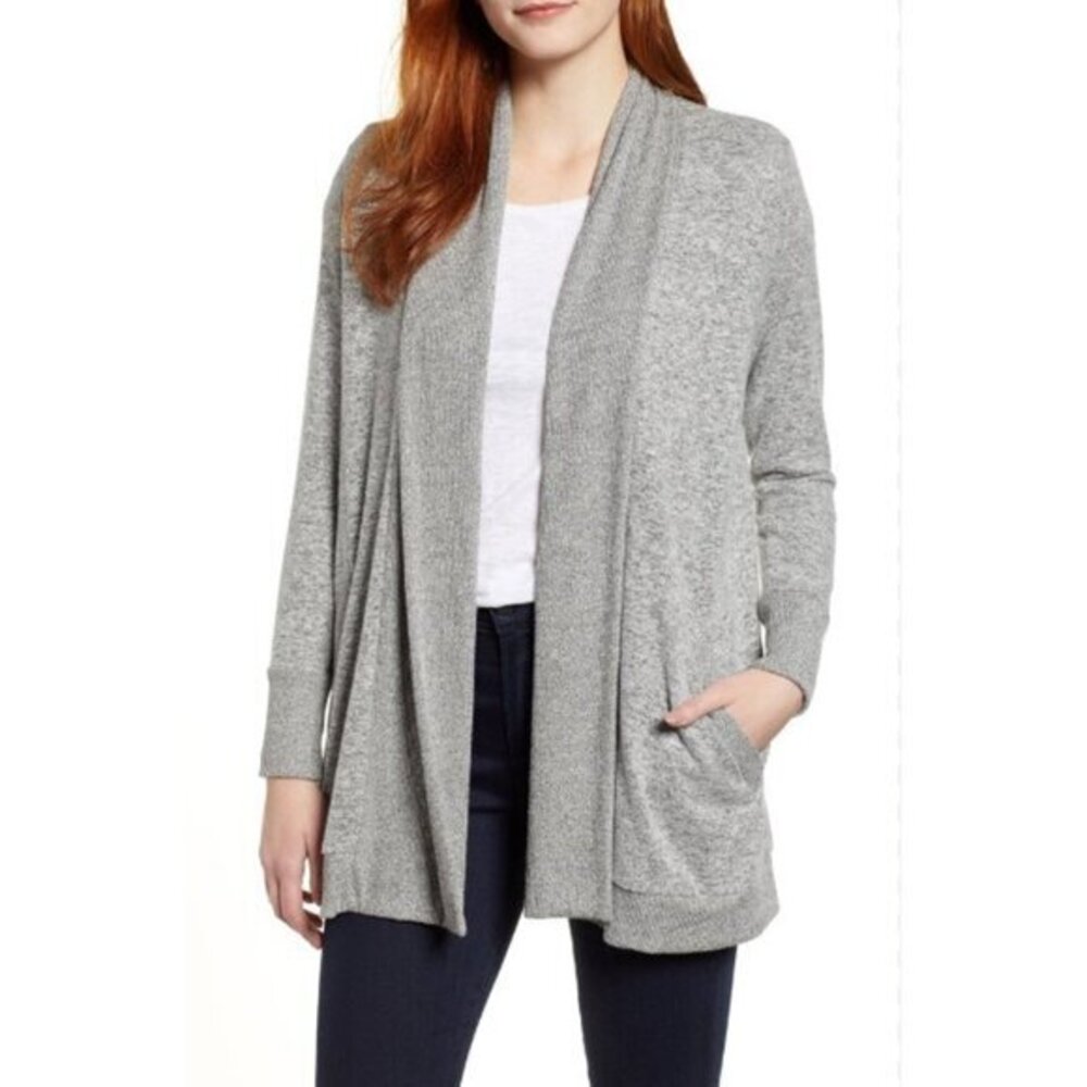 Gibson Gray Cardigan Cozy Ribbed Knit Open Front Sweater SZ L NWT
